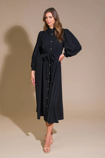 November December Wedding Guest Formal Dress Solid Woven Midi Dress Featuring Shirt Collar Long Sleeve Button Down Side Pockets Self Sash Tie Formal Prom Dress