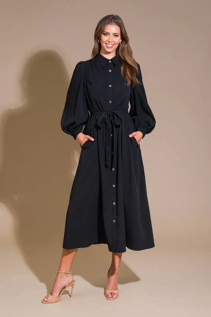 November December Wedding Guest Formal Dress Solid Woven Midi Dress Featuring Shirt Collar Long Sleeve Button Down Side Pockets Self Sash Tie Formal Prom Dress