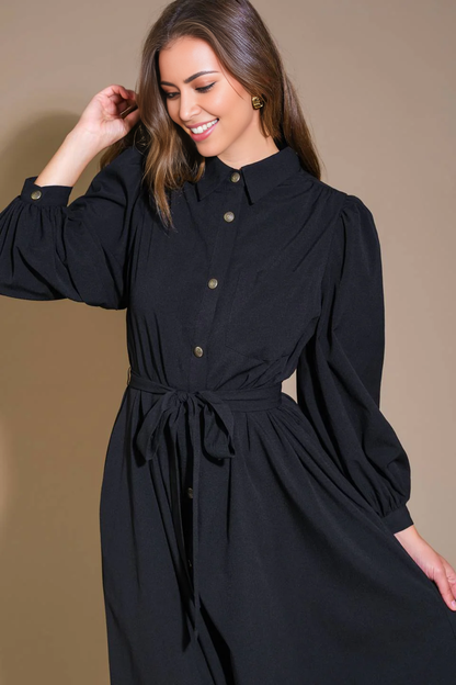 November December Wedding Guest Formal Dress Solid Woven Midi Dress Featuring Shirt Collar Long Sleeve Button Down Side Pockets Self Sash Tie Formal Prom Dress