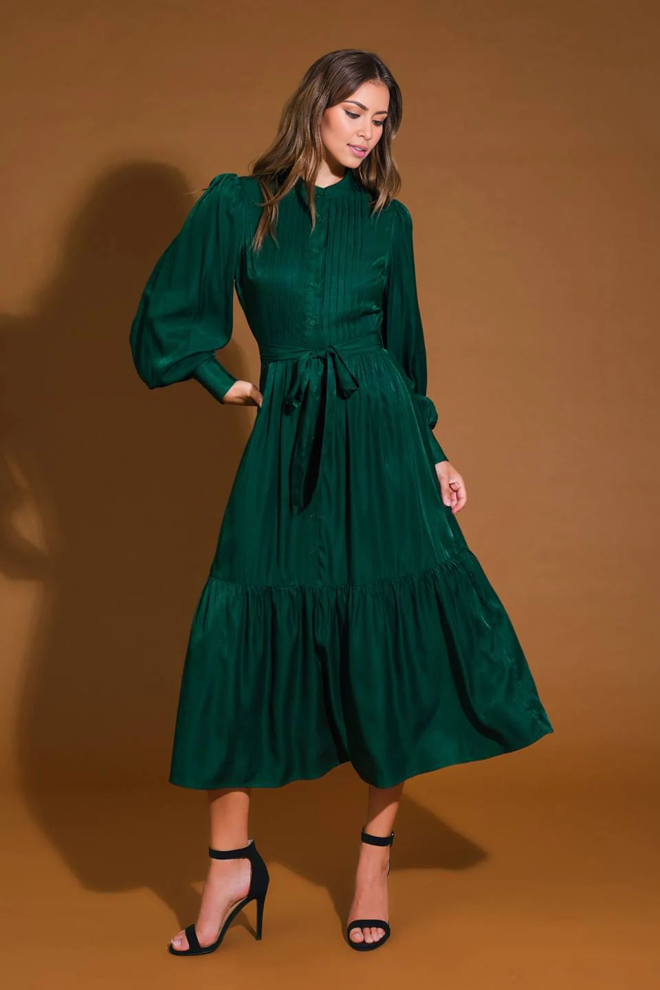 November December Wedding Guest Formal Dress Featuring Round Neckline Long Sleeve With Cuff Bodice Pleating Detail Self Sash Tie Button Down Ruffled Hemline Formal Prom Dress