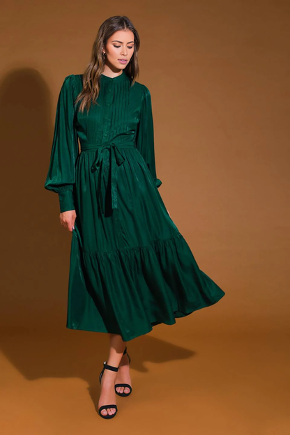 November December Wedding Guest Formal Dress Featuring Round Neckline Long Sleeve With Cuff Bodice Pleating Detail Self Sash Tie Button Down Ruffled Hemline Formal Prom Dress