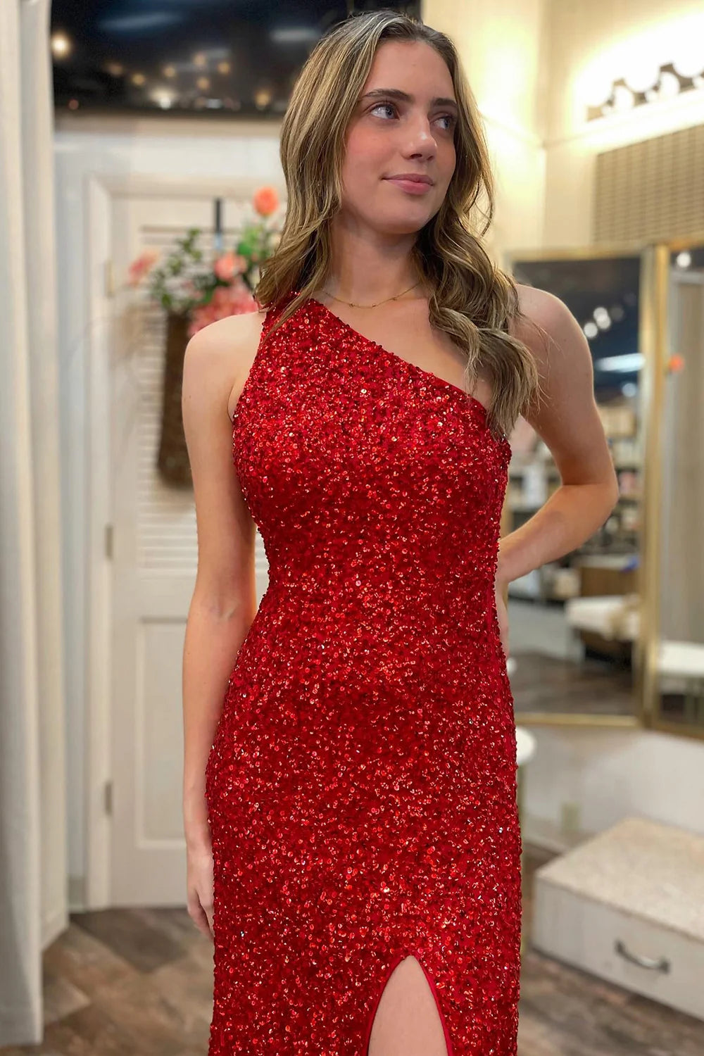 Red Mermaid Sequins One Shoulder Backless Wrap The Buttocks Prom Dress With Slit