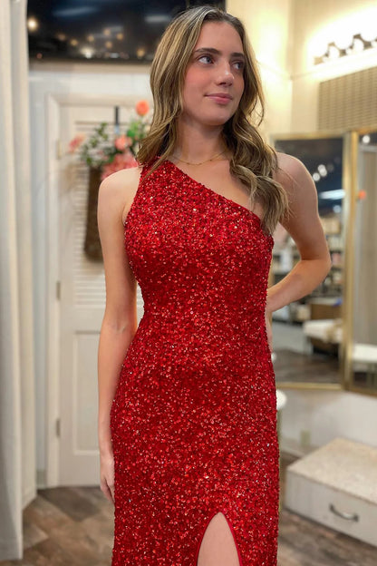 Red Mermaid Sequins One Shoulder Backless Wrap The Buttocks Prom Dress With Slit