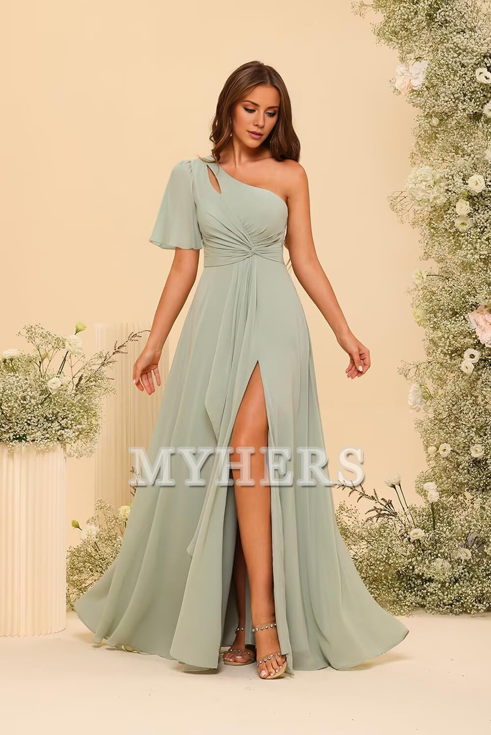 Single Sleeve Short Sleeves Chiffon Side Fork Pleated Elegant Bridesmaid Dresses Wedding Guests Dresses