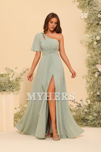 Single Sleeve Short Sleeves Chiffon Side Fork Pleated Elegant Bridesmaid Dresses Wedding Guests Dresses