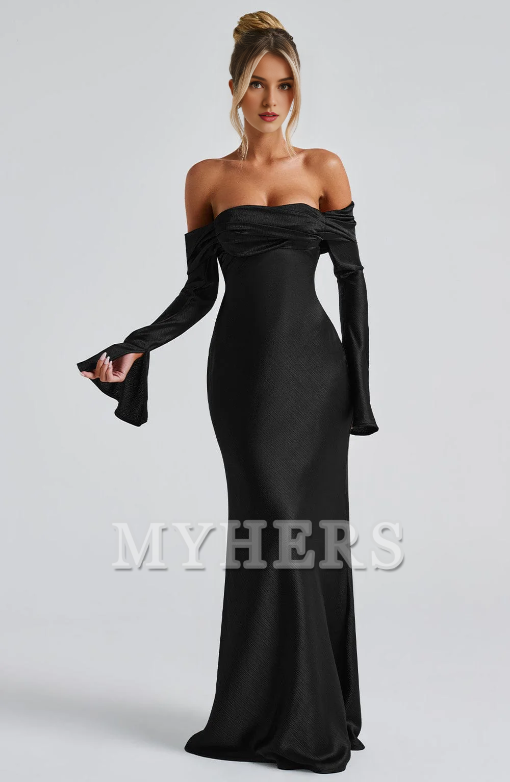 Elegant Mermaid Bardot Neckline Twisted Panel Long Sleeves Slighted Flared Split Cuffs Dresses Fashion Bridesmaid Dresses Wedding Guests Dresses
