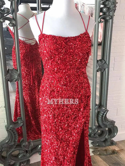 Formal Wear Dresses Wedding Guest Dresses Mermaid Spaghetti Straps Long Sequins Prom Dress Side Fork Fashion Evening Dress