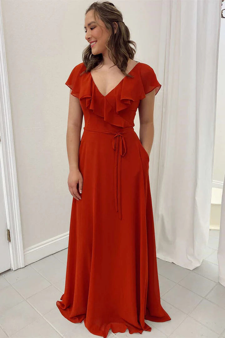 Ruffled V-Neck A-Line Long Bridesmaid Dress