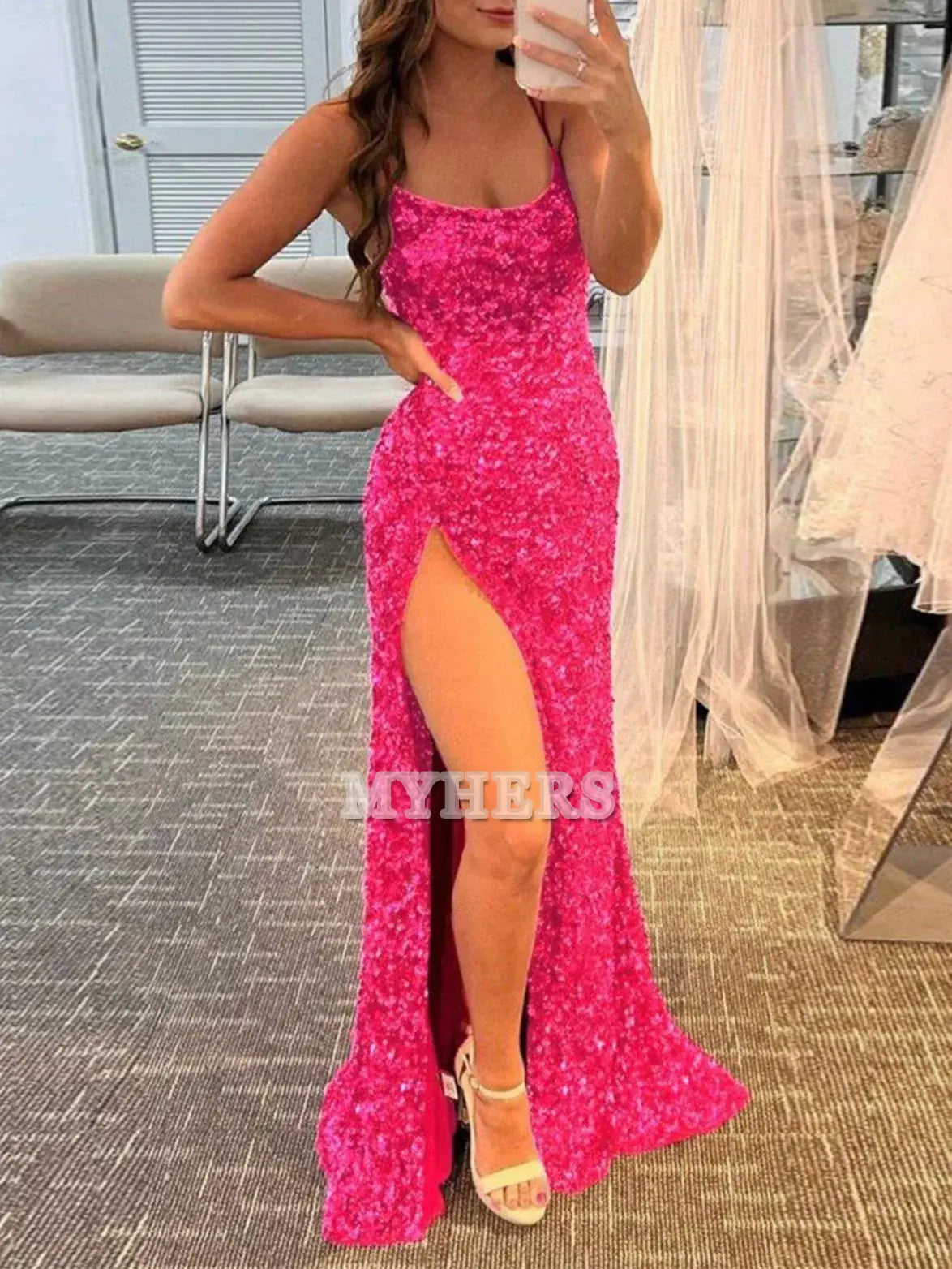 Formal Wear Dresses Wedding Guest Dresses Mermaid Spaghetti Straps Long Sequins Prom Dress Side Fork Fashion Evening Dress