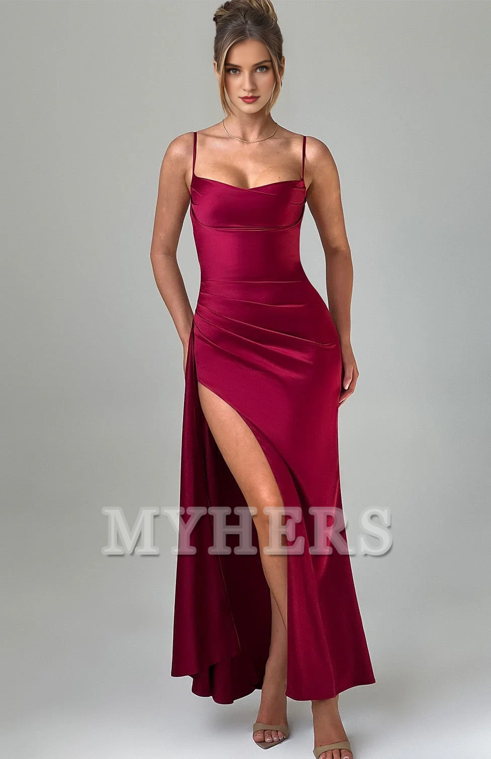 Elegant Spaghetti Strap Cowl Neckline Pleated Side Fork Charming Dresses Bridesmaid Dresses Wedding Guests Dresses