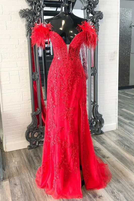 Floral Lace Feather Off-the-Shoulder Mermaid Long Prom Dress