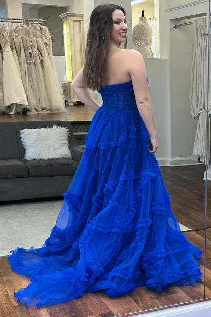 Strapless Ruffles A-Line Long Formal Dress with Puff Sleeves