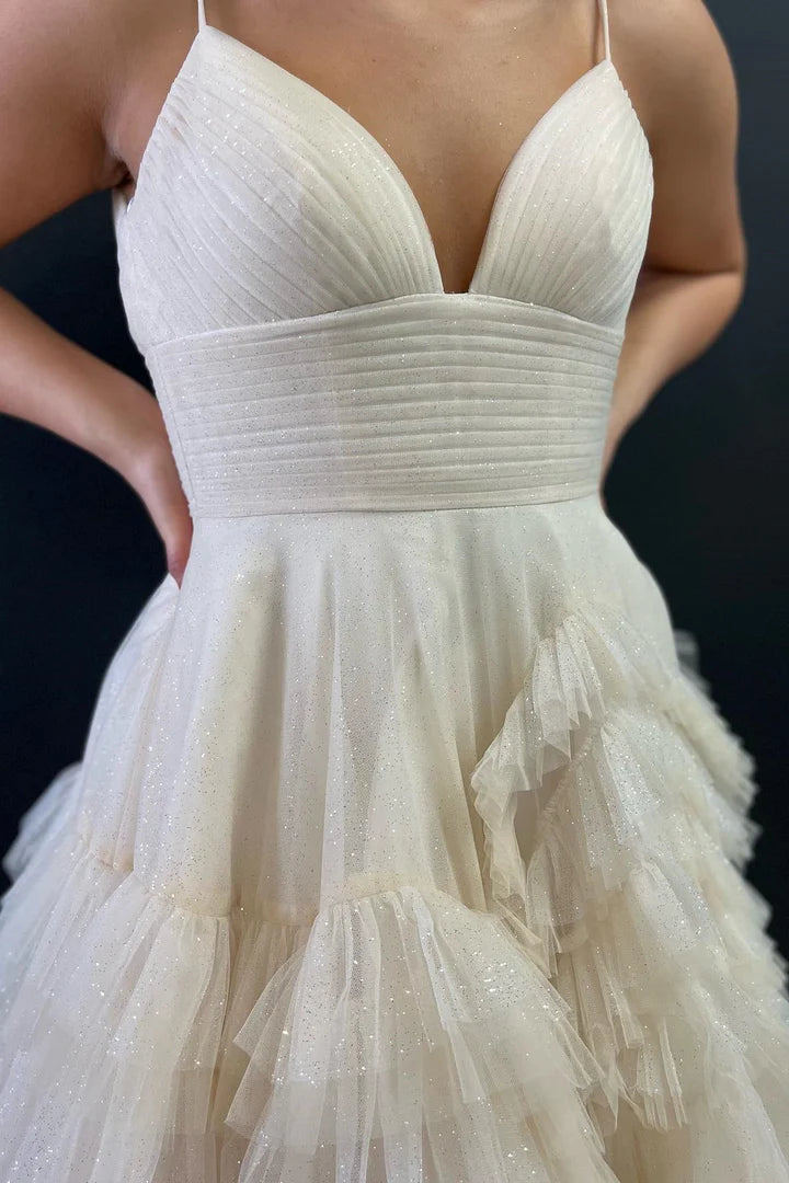 Tulle High-Waist Tiered Long Prom Dress with Ruffles