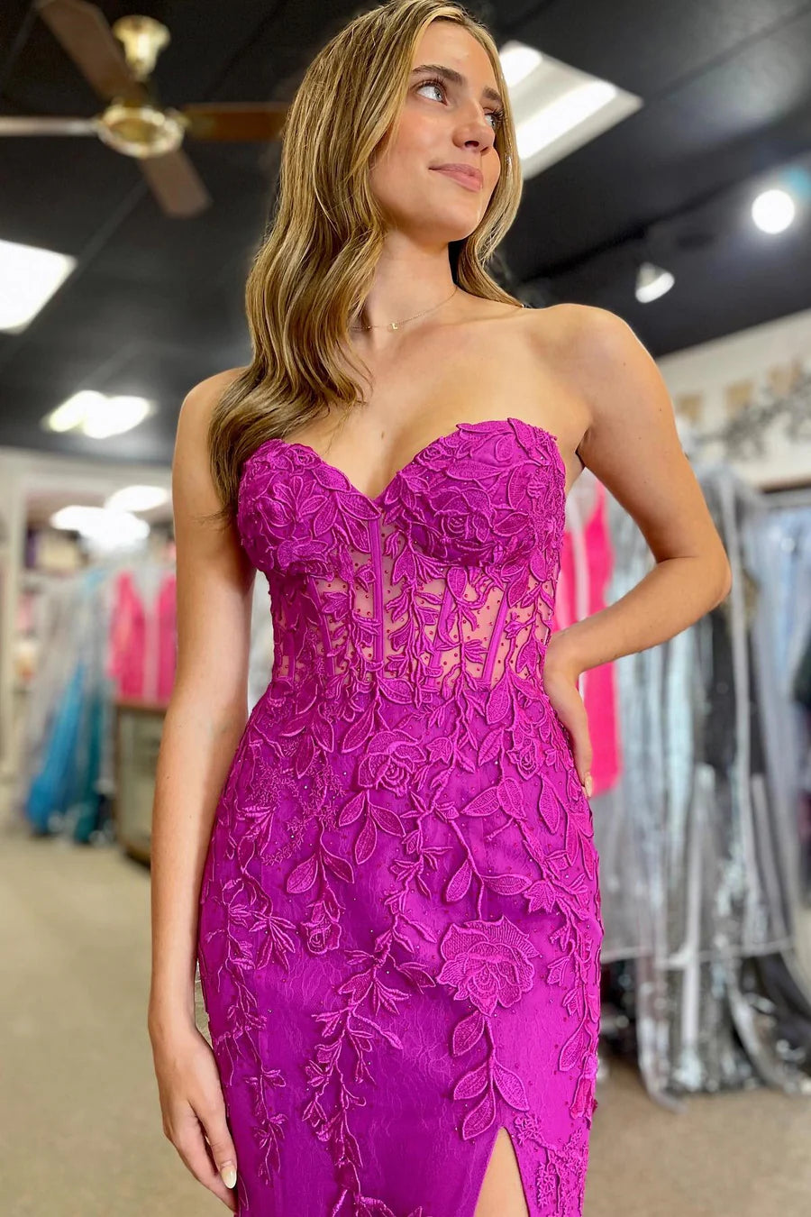 Floral Lace Strapless Mermaid Prom Dress with Slit