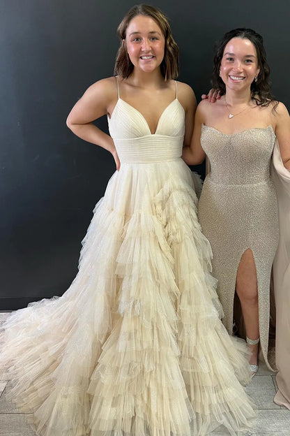 Tulle High-Waist Tiered Long Prom Dress with Ruffles