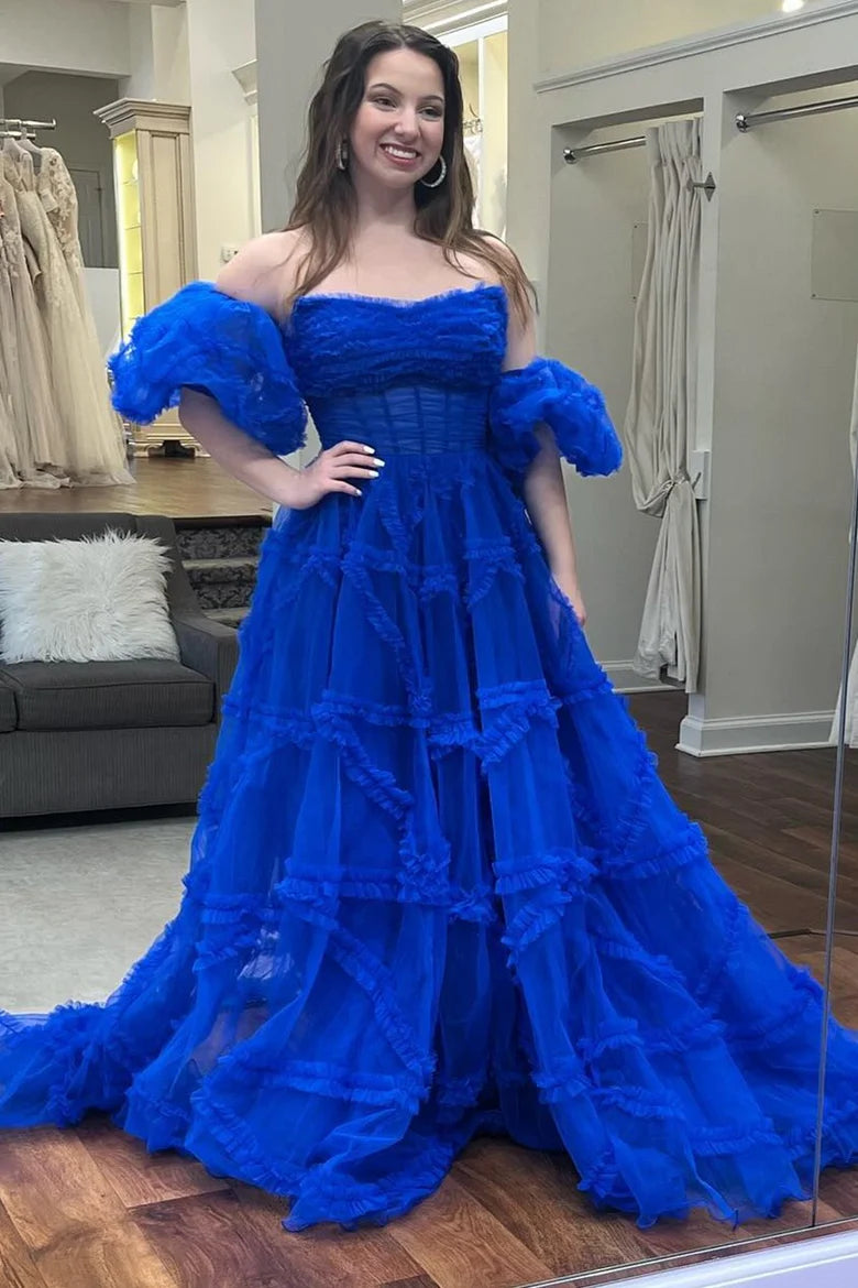 Strapless Ruffles A-Line Long Formal Dress with Puff Sleeves