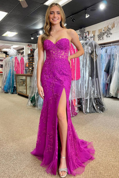 Floral Lace Strapless Mermaid Prom Dress with Slit