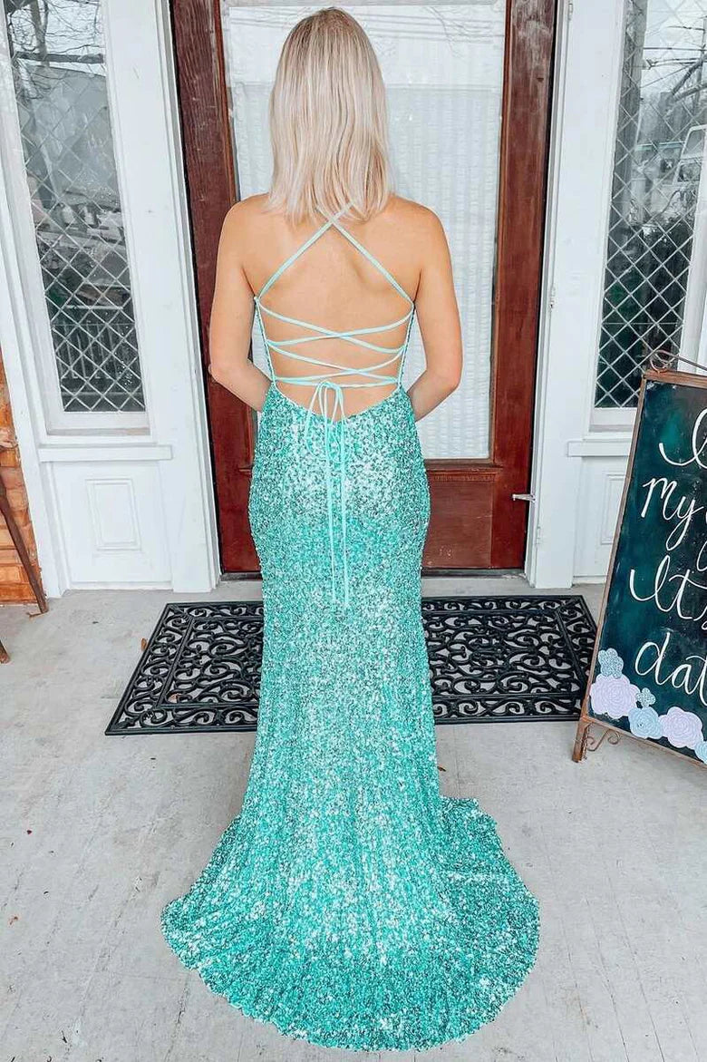 Sequin Lace-Up Back Mermaid Long Prom Dress