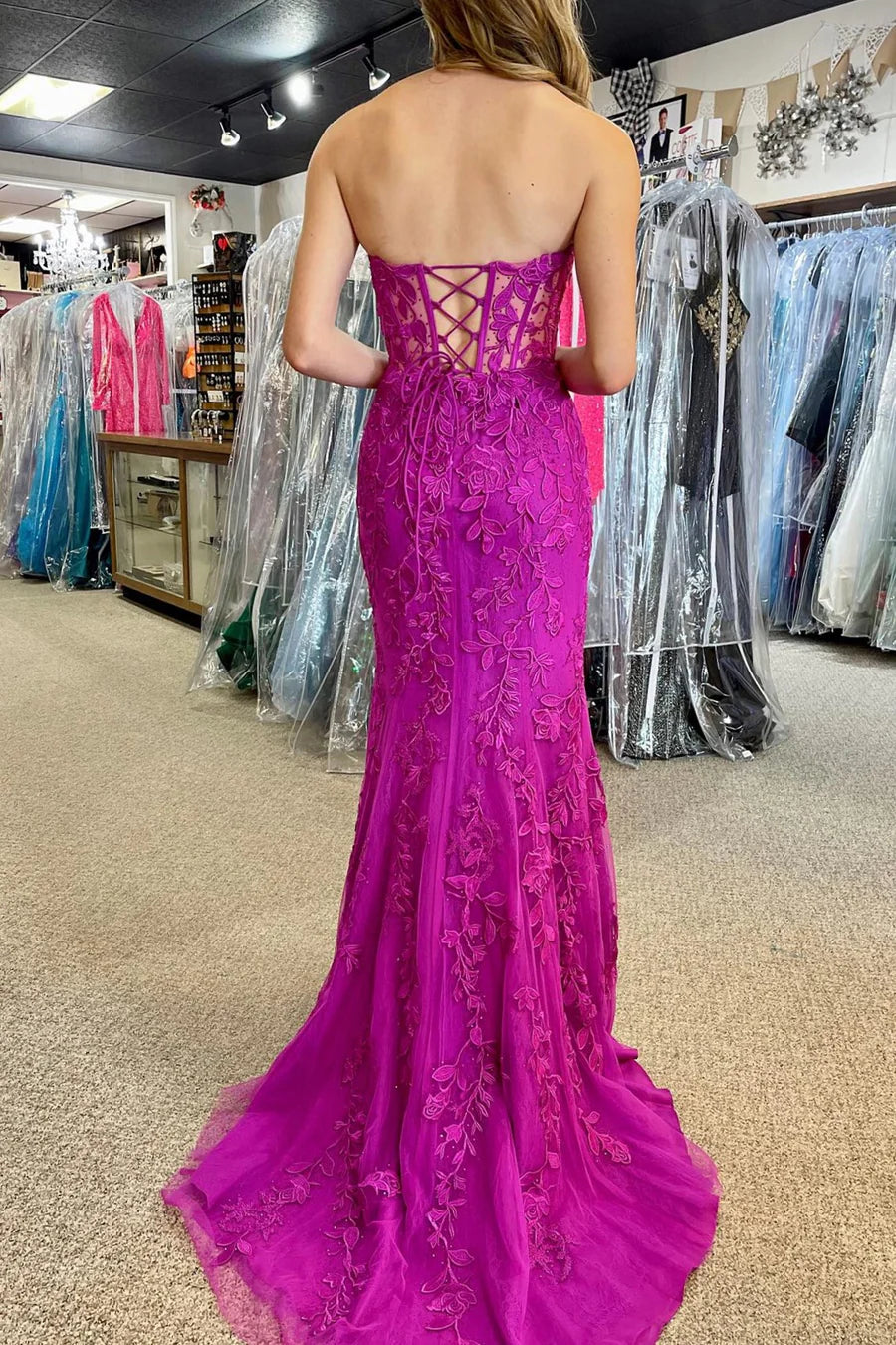Floral Lace Strapless Mermaid Prom Dress with Slit