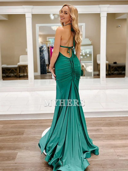 Formal Women's Dresses Wedding Guest Dresses V Neck Mermaid Satin Long Prom Dresses Backless Side Fork Sexy Evening Dress