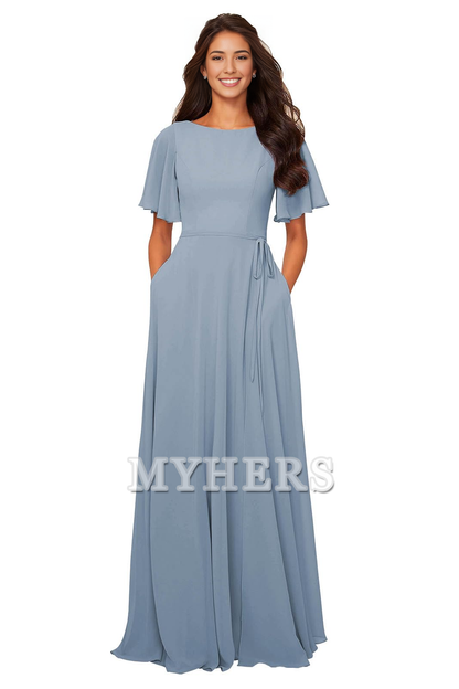 Chiffon Modest A Line Bateau Neck Flutter Sleeve Elegant Bridesmaid Dresses Wedding Guests Dresses