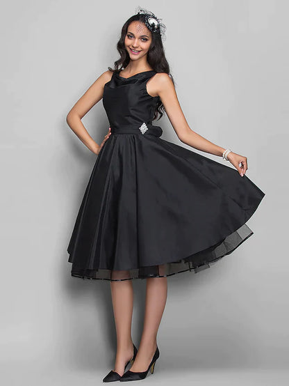 Ball Gown Cocktail Party Prom Dress V Neck Sleeveless Knee Length Taffeta with Pleats Crystals