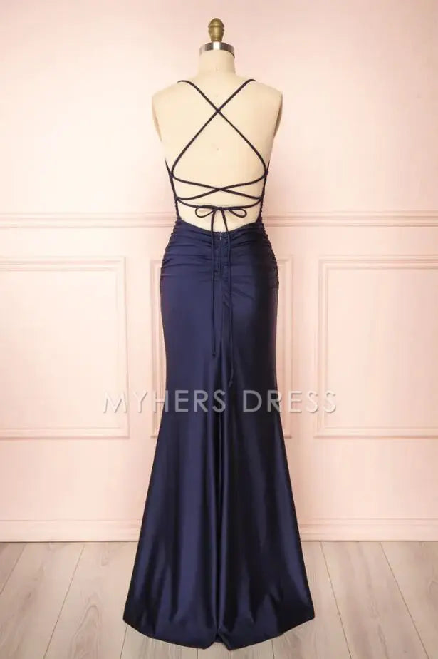 My Hers Prom Dress Satin Sheath Spaghetti Strap Sleeveless Mid Waist Backless Side Fork Sexy Charming Ladies Formal Dress