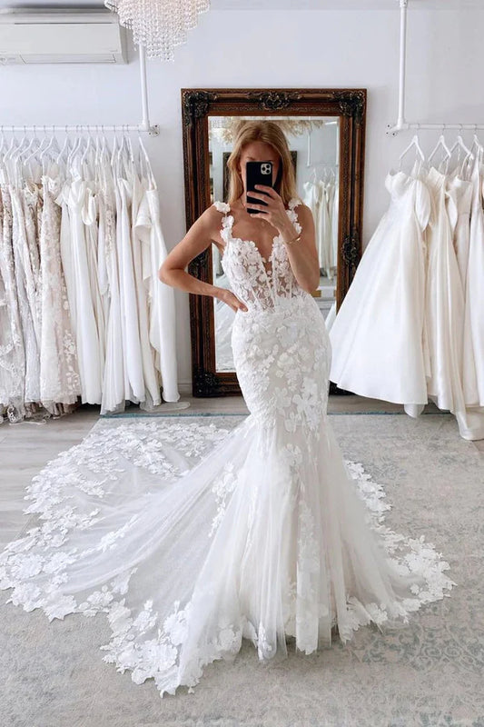 A-Line Wedding Dresses V Neck Lace Tulle Mermaid Lace Wedding Dresses with Appliques