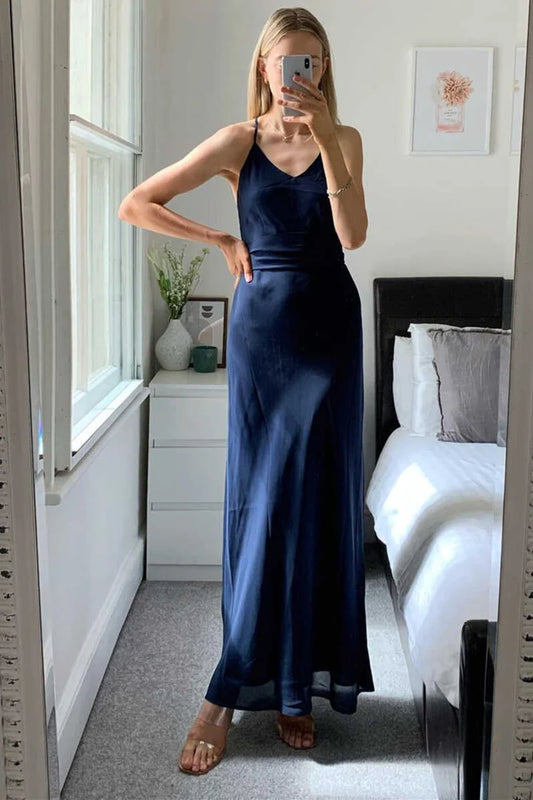 Navy Blue Chiffon Lace-Up V-Neck Backless Sleeveless Long Bridesmaid Dress