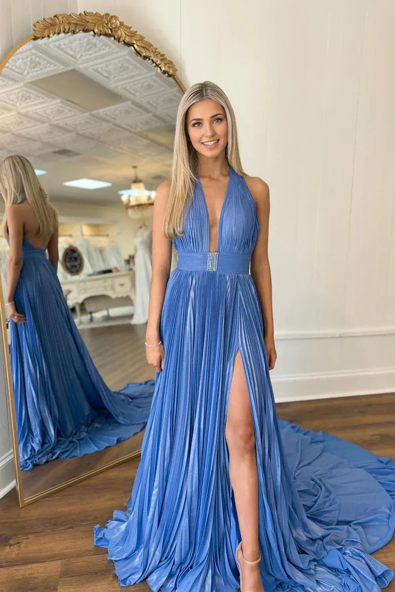 Blue Halter Backless Pleated Satin Split Fork Long Prom Dresses