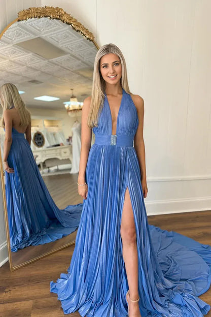 Blue Halter Backless Pleated Satin Split Fork Long Prom Dresses