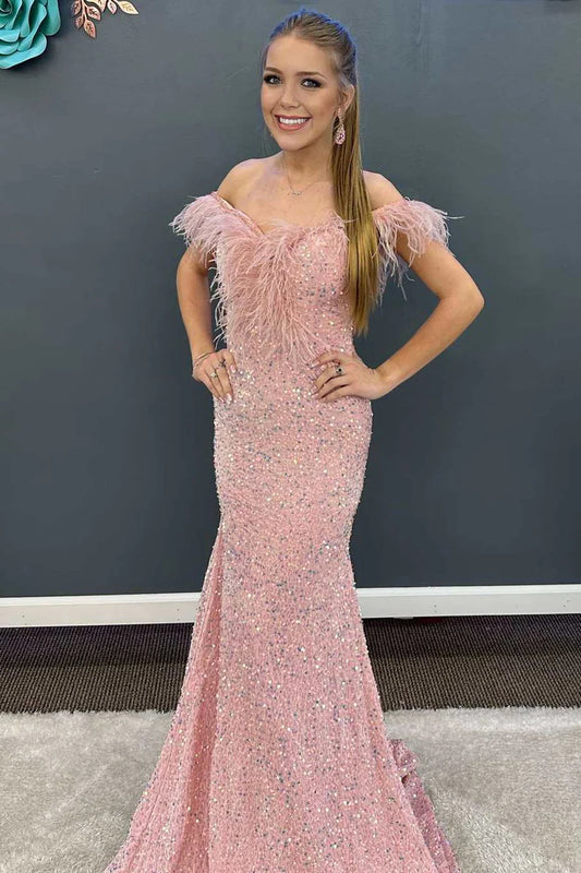 Sequin Feather Off-the-Shoulder Mermaid Long Prom Gown