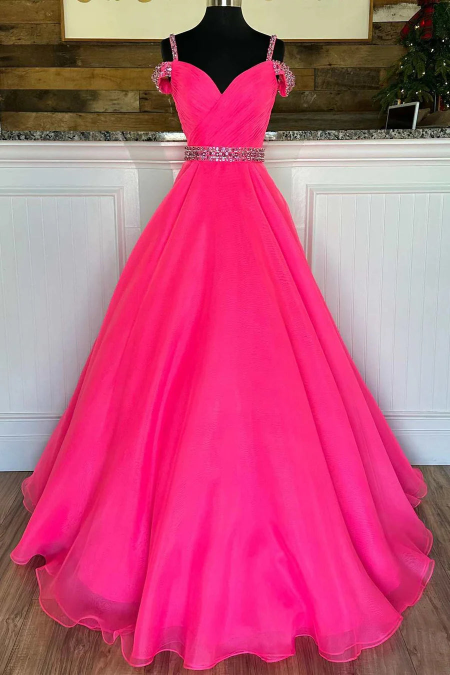 Beaded Cold-Shoulder A-Line Prom Dress