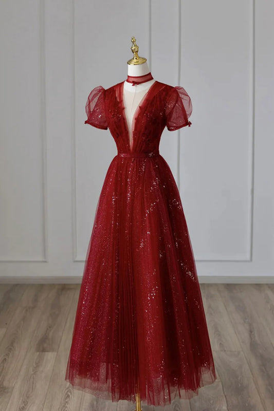 A-Line Burgundy Tulle Sequins Tea Length Evening Dress Prom Dress