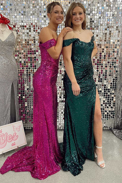 Sequin Off-the-Shoulder Mermaid Long Prom Dress with Slit