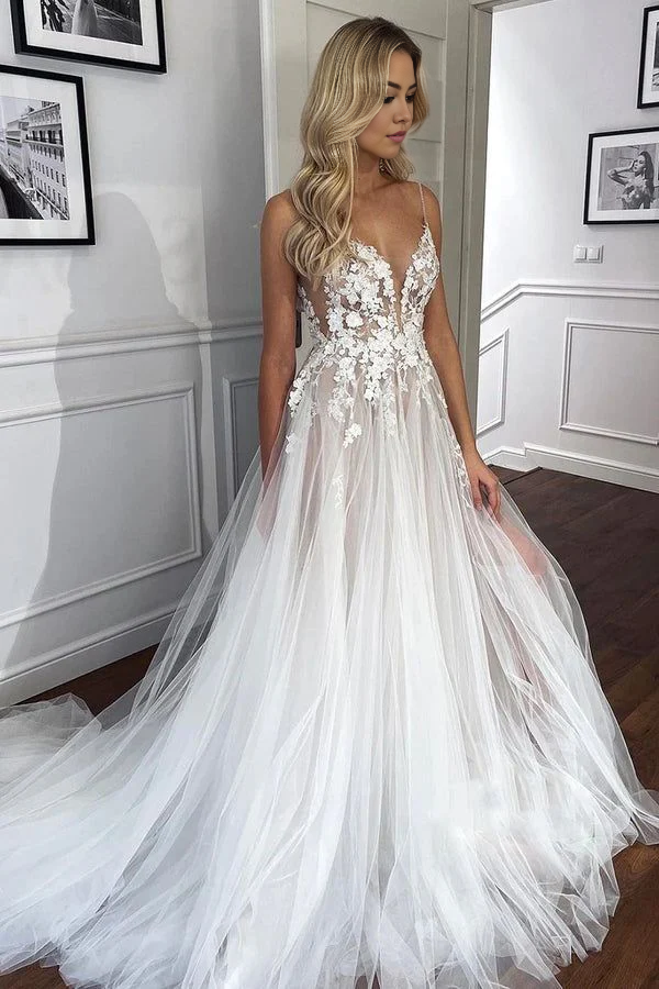 New Pattern Wedding Dress A Line V Neck Spaghetti Strap Lace Tulle Appliques Side Fork Formal Dresses