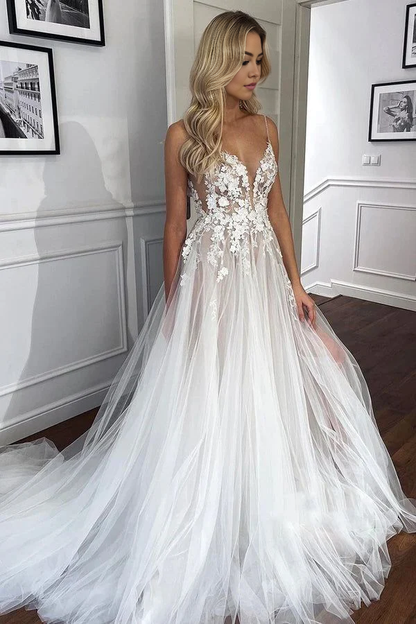 New Pattern Wedding Dress A Line V Neck Spaghetti Strap Lace Tulle Appliques Side Fork Formal Dresses