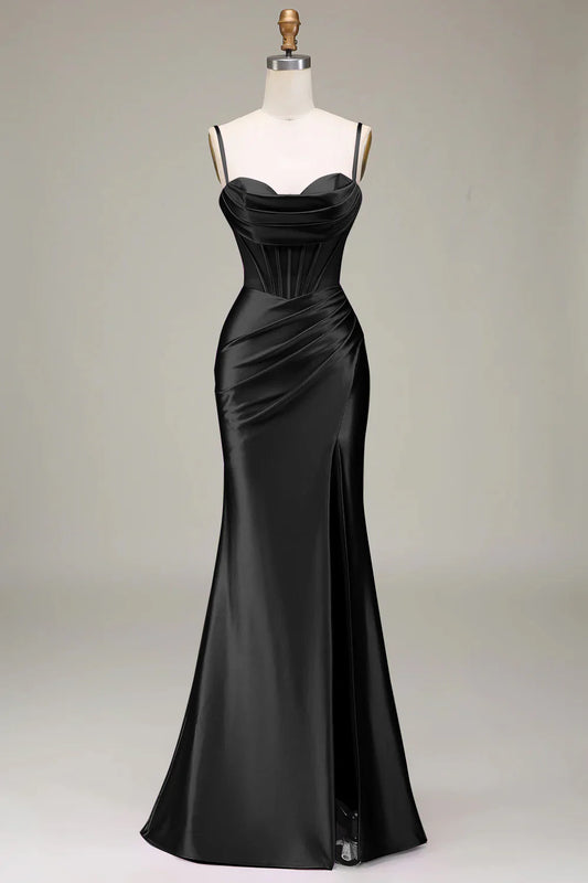 Black Satin Spaghetti Straps Split Fork Lace-Up Back Slim-fit Prom Dress with Corset
