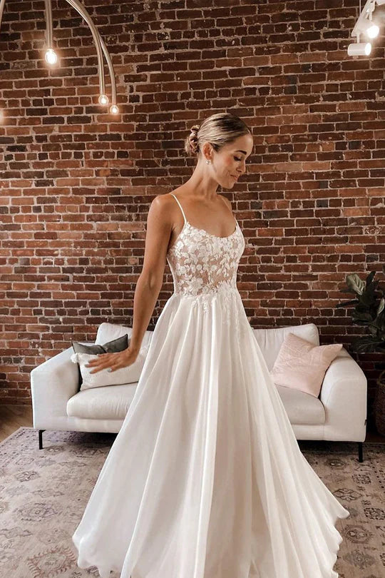 Fairy A Line V Neck Spaghetti Strap Chiffon Wedding Dresses with Appliques