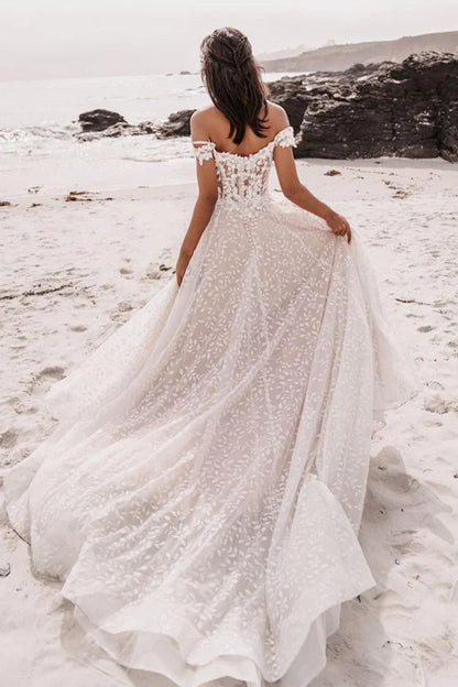 Charming A Line Off the Shoulder V-Neck Lace Mopping The Floor Wedding Dresses