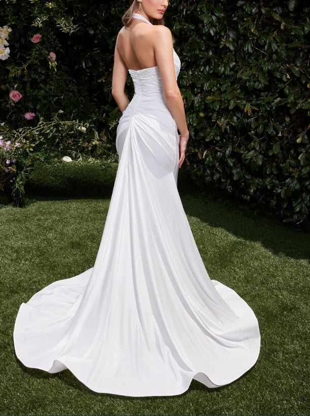 November December Wedding Dress Hanging Neck Collar Gathered Waist Stretch Spandex Satin Wrinkle Split Fork Comfortable Elegant Simple Dress