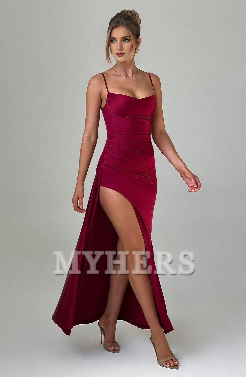 Elegant Spaghetti Strap Cowl Neckline Pleated Side Fork Charming Dresses Bridesmaid Dresses Wedding Guests Dresses