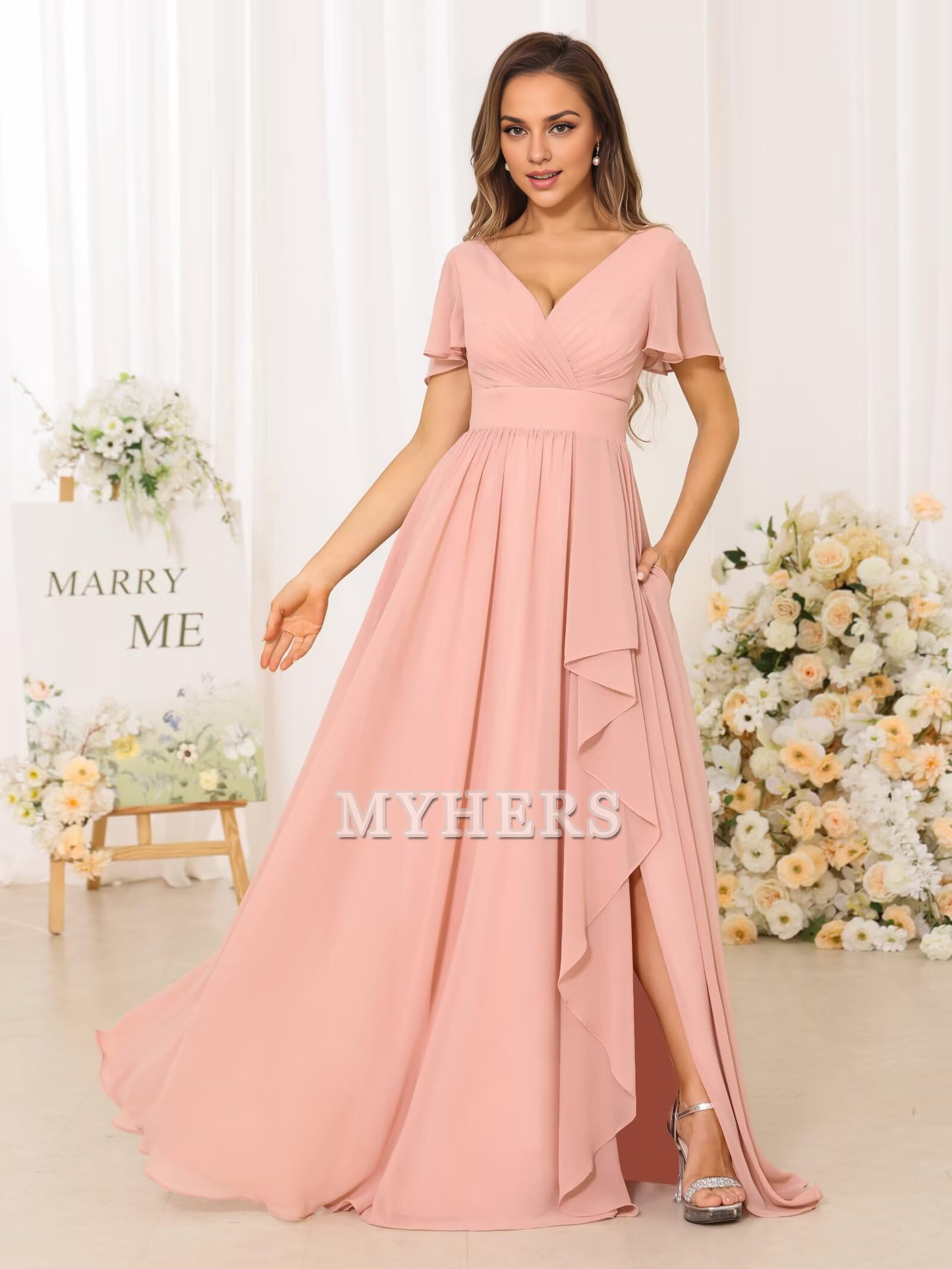 Elegant V Neck Chiffon Pleated Side Fork Exquisite Bridesmaid Dresses Wedding Guests Dresses