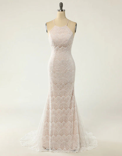 Mermaid Halter White Lace Wedding Dress with Sweep Train