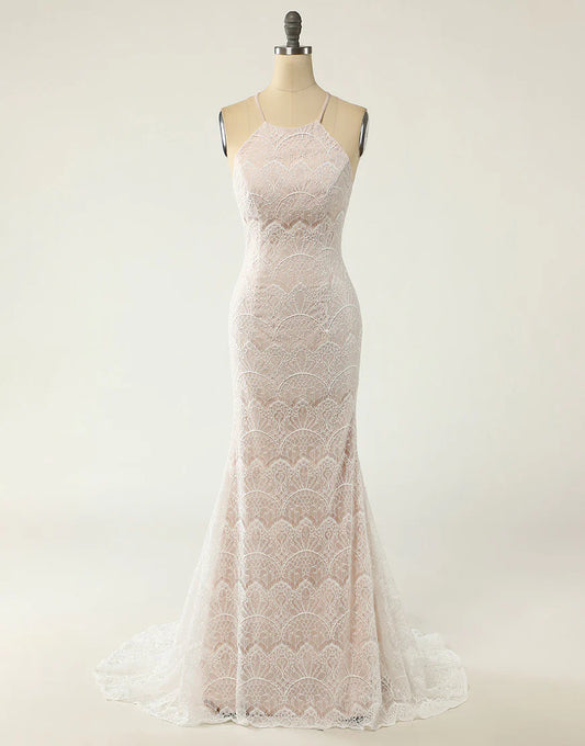 Mermaid Halter White Lace Wedding Dress with Sweep Train