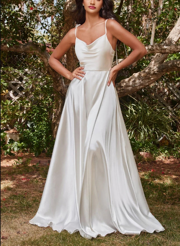 November December Wedding Dress A-Line Satin Gown Cowl Neck Bodice Delicate Spaghetti Straps Open Back Floor Length Skirt Side Leg Slit Sweep train Back Zipper Dress