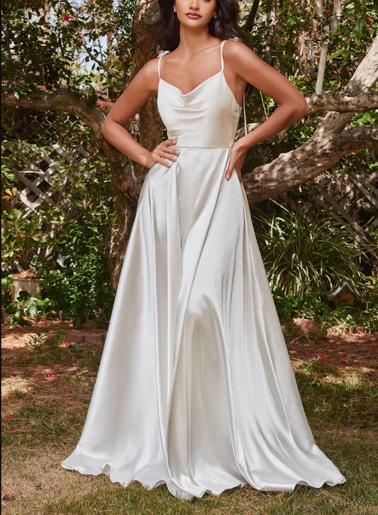 November December Wedding Dress A-Line Satin Gown Cowl Neck Bodice Delicate Spaghetti Straps Open Back Floor Length Skirt Side Leg Slit Sweep train Back Zipper Dress