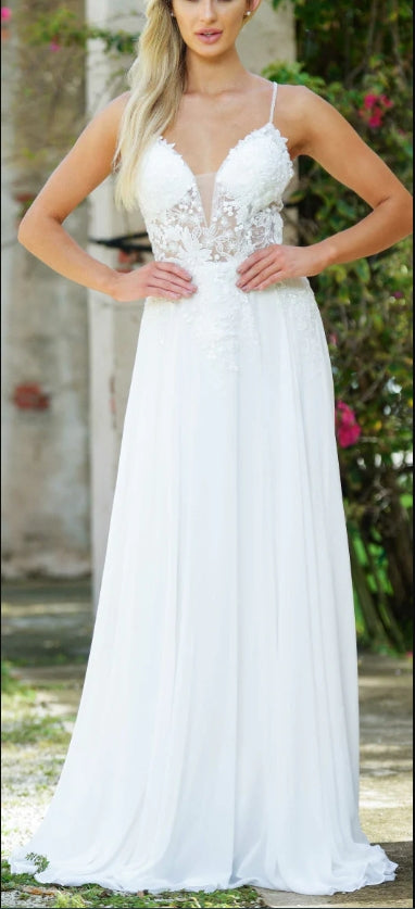 November December Wedding Dress A-line Chiffon Sleeveless See-Through Deep Sweetheart Bodice Bead Embellished Floral Applique Bodice Floor Length Chiffon Skirt Sweep Train Dress