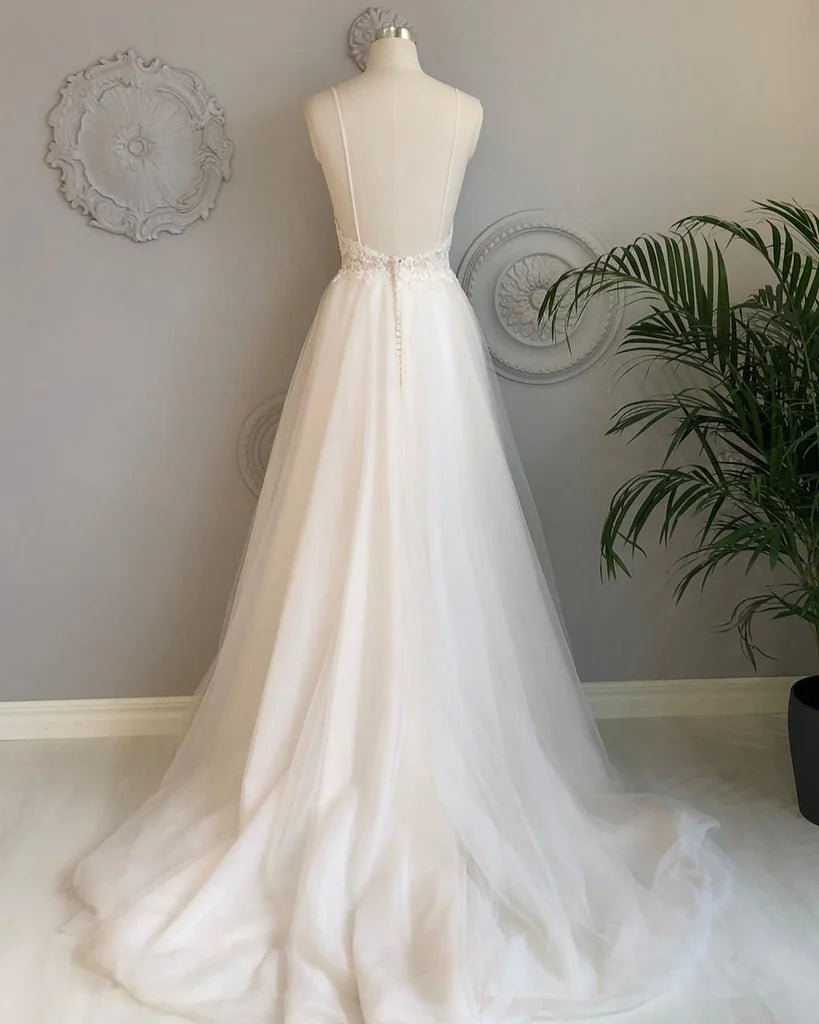 A Line V Neck Spaghetti Straps Backless White Lace Prom Dresses Wedding Dress Bridesmaid Dresses