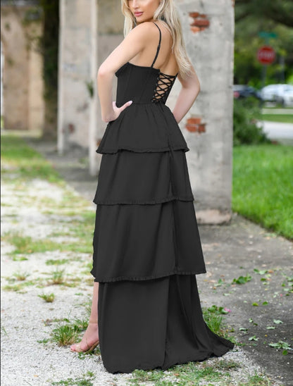 Wedding Guest Dress Satin Corset Bodice Spaghetti Strap Tiered Skirt Lace up Back Front Leg Slit Black Formal Dress Evening Dress